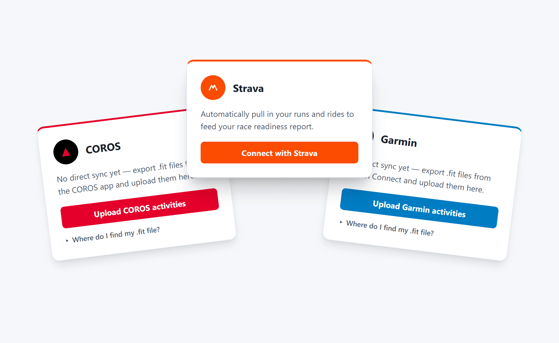 Strava, Garmin, and COROS integration cards